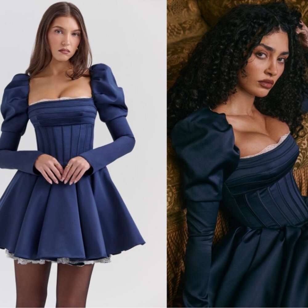 HOUSE OF CB 'Venetia' Midnight Satin Puff Sleeve Mini Dress - Picture 4 of 8